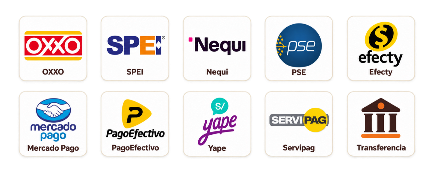 OXXO, SPEI, Nequi, PSE, Efecty, Mercado Pago, PagoEfectivo, Yape, Servipag